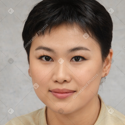 Joyful asian young-adult female with short  brown hair and brown eyes