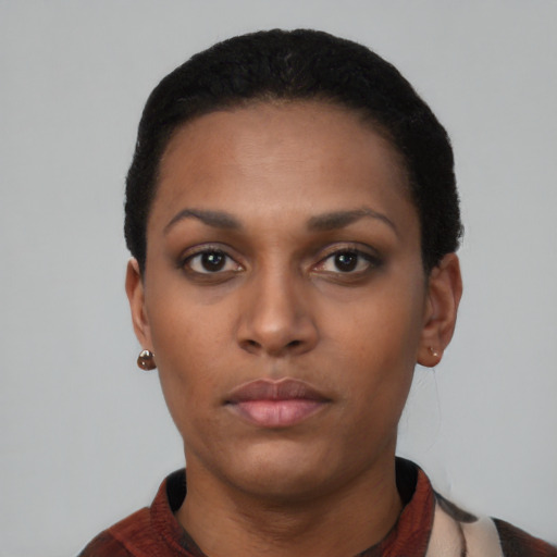 Neutral black young-adult female with short  black hair and brown eyes