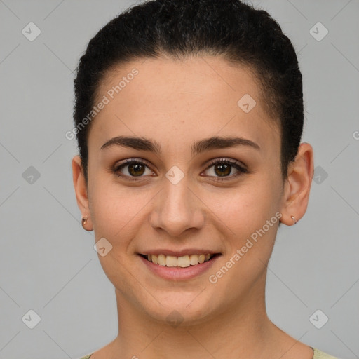 Joyful white young-adult female with short  brown hair and brown eyes