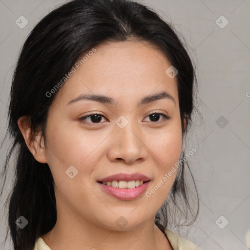 Joyful asian young-adult female with medium  brown hair and brown eyes