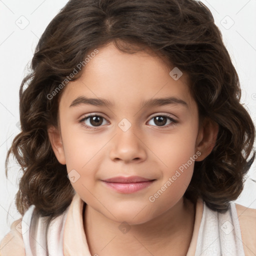 Joyful white child female with medium  brown hair and brown eyes