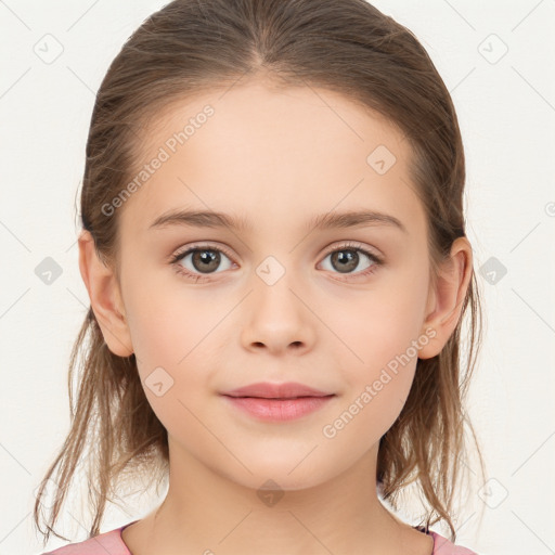 Joyful white child female with medium  brown hair and brown eyes