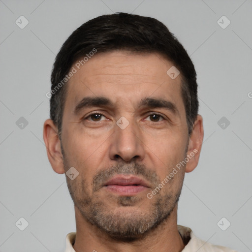 Neutral white adult male with short  black hair and brown eyes