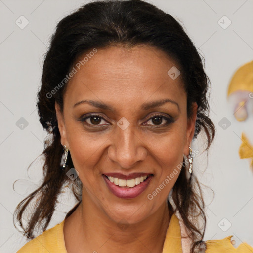 Joyful black adult female with medium  brown hair and brown eyes