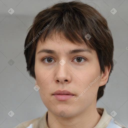 Neutral white young-adult female with short  brown hair and brown eyes