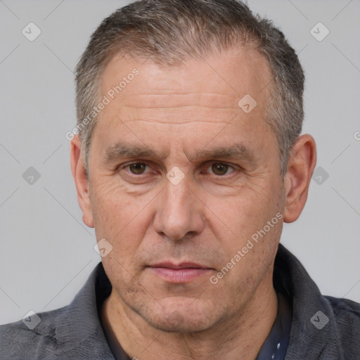 Neutral white middle-aged male with short  brown hair and brown eyes