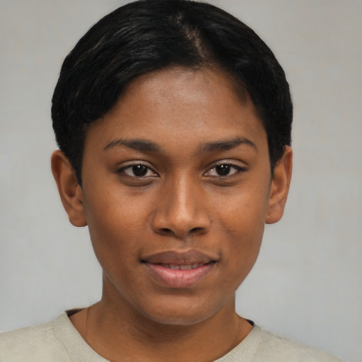 Joyful asian young-adult female with short  black hair and brown eyes