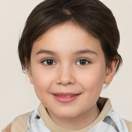 Joyful white child female with medium  brown hair and brown eyes