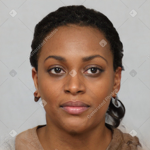 Neutral black young-adult female with short  black hair and brown eyes