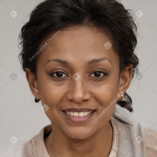 Joyful latino young-adult female with short  brown hair and brown eyes