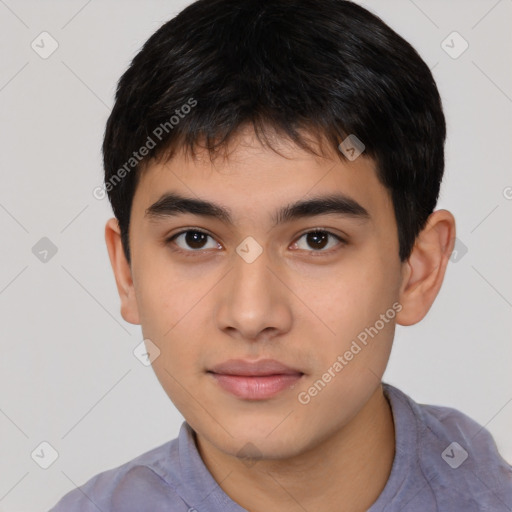 Neutral asian young-adult male with short  black hair and brown eyes