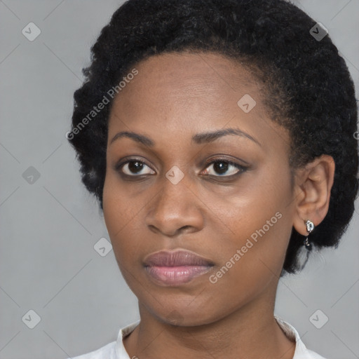 Neutral black young-adult female with short  black hair and brown eyes