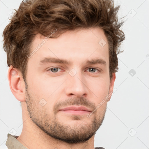 Neutral white young-adult male with short  brown hair and grey eyes