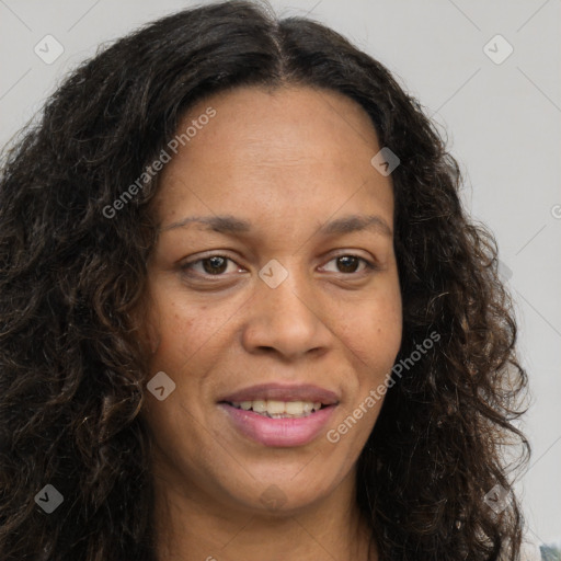 Joyful white adult female with long  brown hair and brown eyes