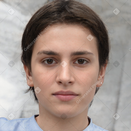 Neutral white young-adult female with medium  brown hair and brown eyes