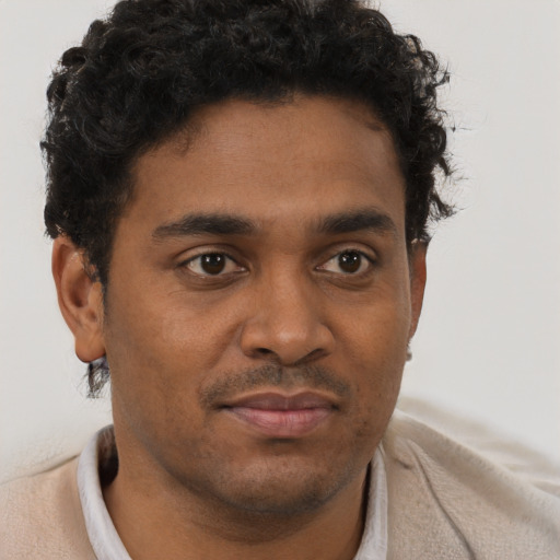 Joyful black young-adult male with short  brown hair and brown eyes