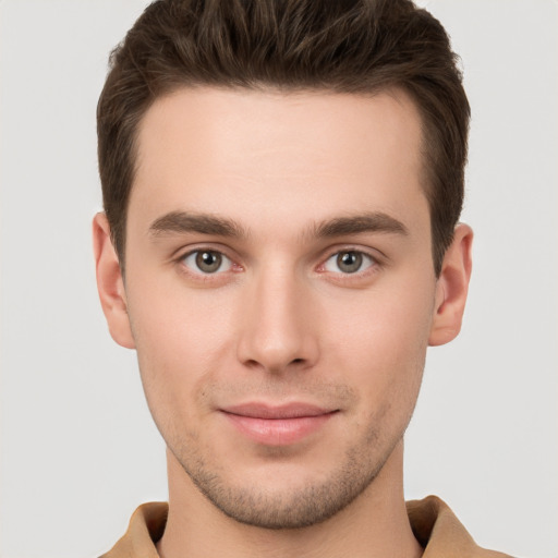 Neutral white young-adult male with short  brown hair and brown eyes