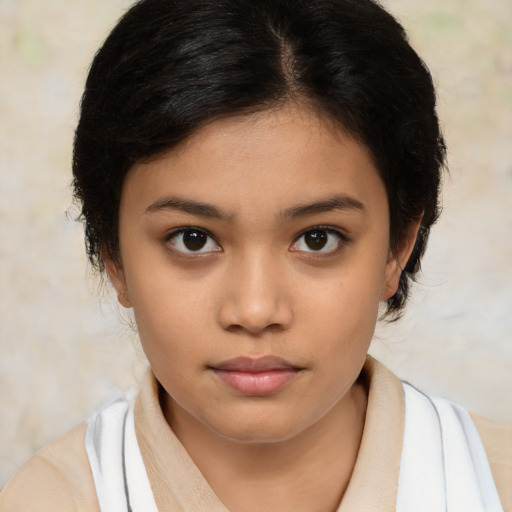 Neutral latino young-adult female with medium  brown hair and brown eyes