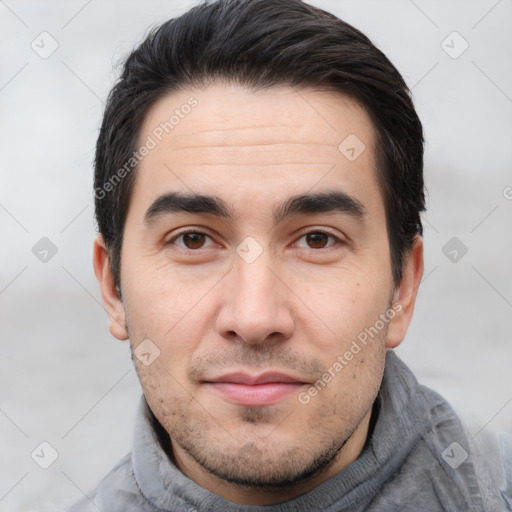 Joyful white young-adult male with short  black hair and brown eyes