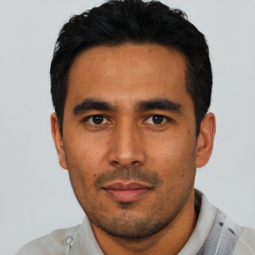 Neutral asian young-adult male with short  black hair and brown eyes