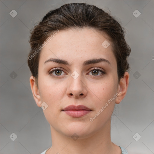 Neutral white young-adult female with medium  brown hair and brown eyes