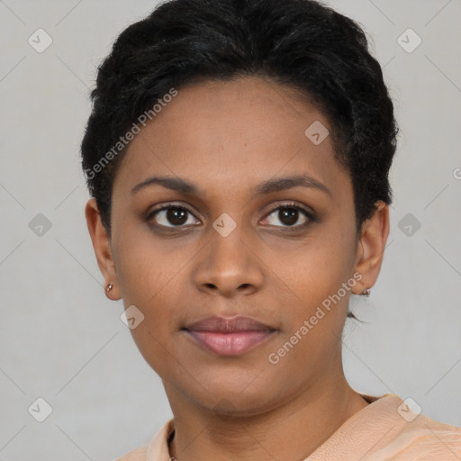 Neutral black young-adult female with short  brown hair and brown eyes