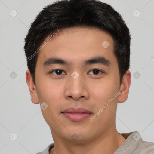 Neutral asian young-adult male with short  black hair and brown eyes