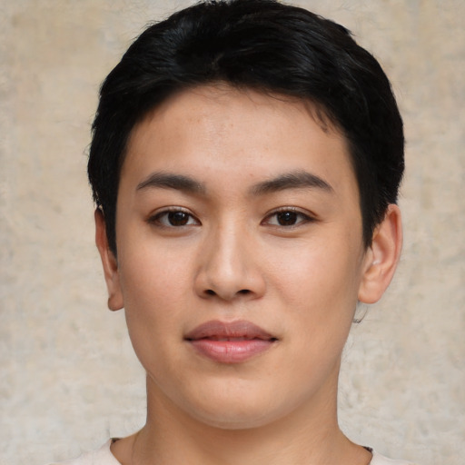 Neutral asian young-adult female with short  black hair and brown eyes