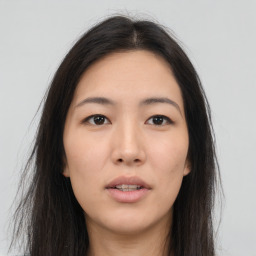 Neutral asian young-adult female with long  brown hair and brown eyes