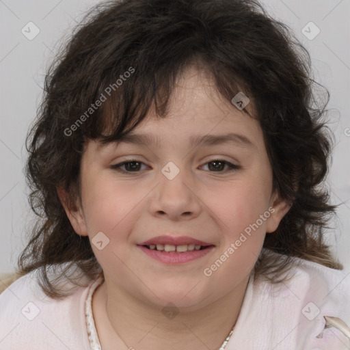 Joyful white child female with medium  brown hair and brown eyes