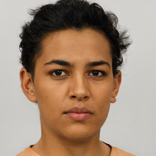 Neutral latino young-adult female with short  brown hair and brown eyes
