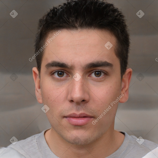 Neutral white young-adult male with short  brown hair and brown eyes