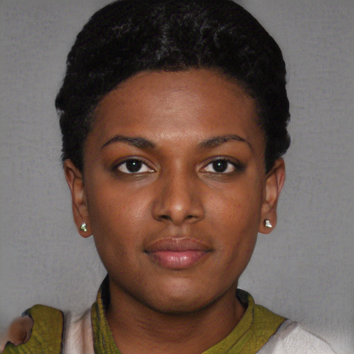 Neutral black young-adult female with short  black hair and brown eyes