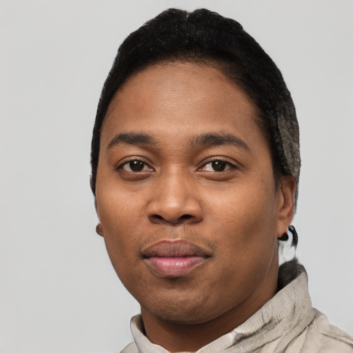 Neutral black young-adult male with short  black hair and brown eyes