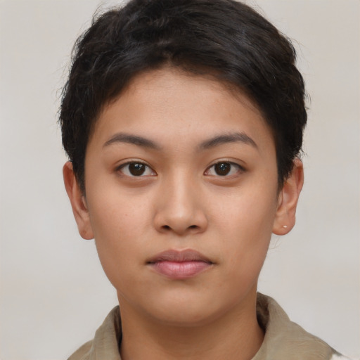 Neutral latino young-adult female with short  brown hair and brown eyes