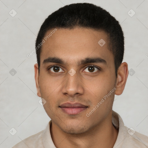 Neutral latino young-adult male with short  brown hair and brown eyes