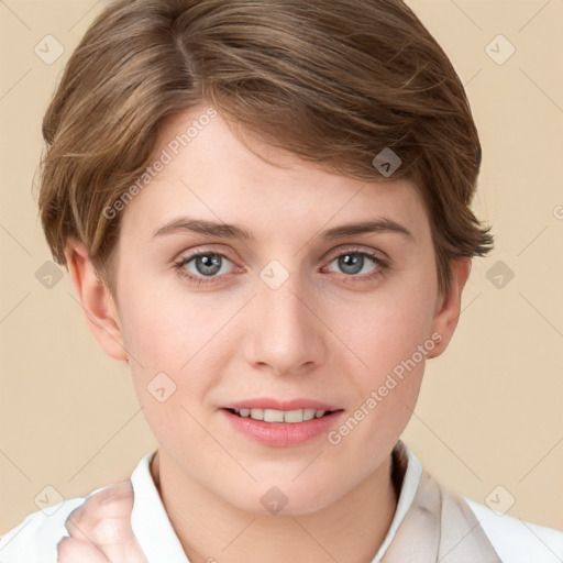 Joyful white young-adult female with short  brown hair and grey eyes