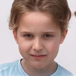 Joyful white child female with short  brown hair and grey eyes