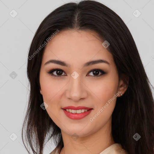 Joyful asian young-adult female with long  brown hair and brown eyes