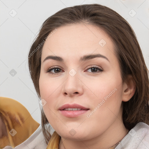 Neutral white young-adult female with medium  brown hair and brown eyes