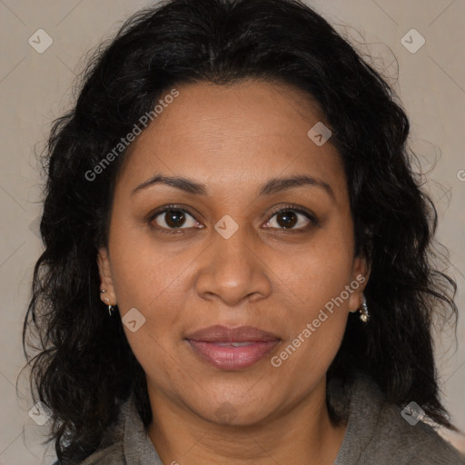 Joyful black adult female with medium  brown hair and brown eyes