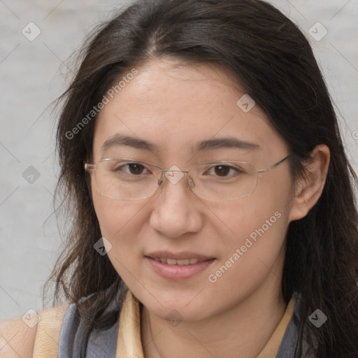 Joyful white adult female with long  brown hair and brown eyes