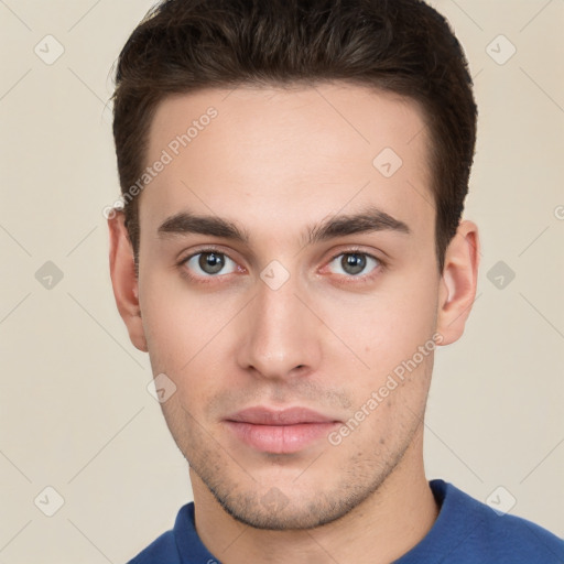 Neutral white young-adult male with short  brown hair and brown eyes