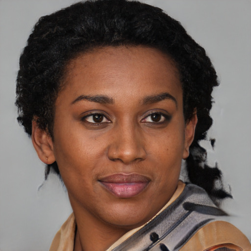 Joyful black young-adult female with short  brown hair and brown eyes