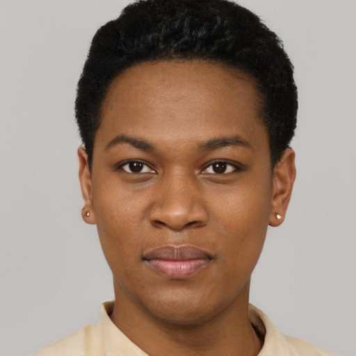 Joyful black young-adult female with short  black hair and brown eyes
