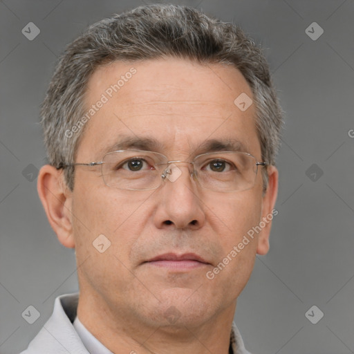 Neutral white middle-aged male with short  brown hair and brown eyes