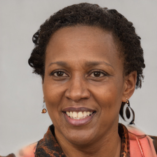 Joyful black adult female with short  brown hair and brown eyes