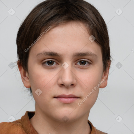 Neutral white young-adult female with short  brown hair and brown eyes