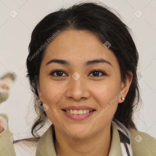 Joyful latino young-adult female with medium  brown hair and brown eyes