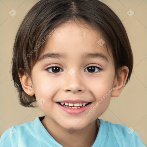 Joyful white child female with medium  brown hair and brown eyes